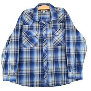 Haband Men's Pearl Snap Shirt Blue Plaid Size XX Long Sleeve Polyester Blend